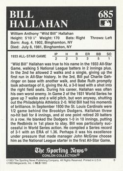 1993 Conlon Collection TSN #685 Bill Hallahan Back