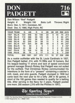1993 Conlon Collection TSN #716 Don Padgett Back