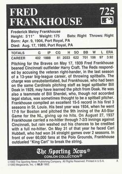 1993 Conlon Collection TSN #725 Fred Frankhouse Back
