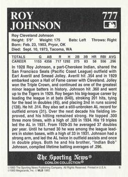 1993 Conlon Collection TSN #777 Roy Johnson Back