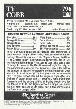 1993 Conlon Collection TSN #796 Ty Cobb Back