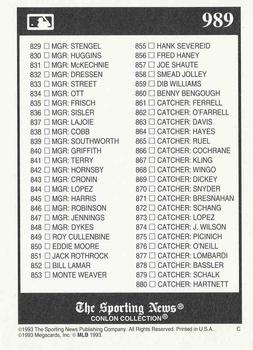 1993 Conlon Collection TSN #989 1993 Checklist: 771-880 Back