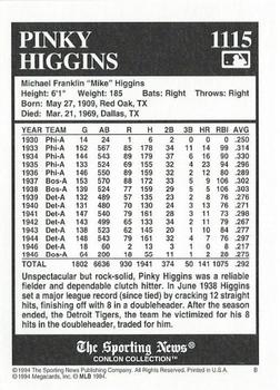 1994 Conlon Collection TSN #1115 Pinky Higgins Back
