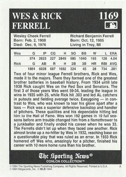 1994 Conlon Collection TSN #1169 Wes Ferrell / Rick Ferrell Back