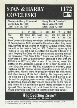 1994 Conlon Collection TSN #1172 Harry Coveleski / Stan Coveleski Back