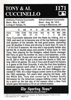 1994 Conlon Collection TSN - Burgundy #1171 Tony Cuccinello / Al Cuccinello Back
