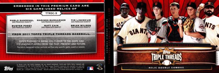 2011 Topps Triple Threads - Relic Combos Double #TTRDC-9 Pablo Sandoval / Madison Bumgarner / Tim Lincecum / Buster Posey / Matt Cain / Brian Wilson Back