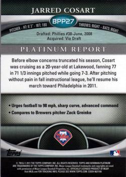 2011 Bowman Platinum - Prospects Green Refractors #BPP27 Jarred Cosart Back