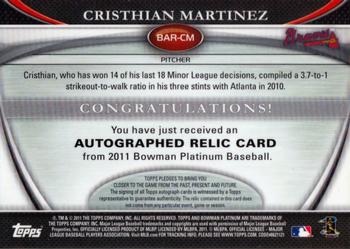 2011 Bowman Platinum - Relic Autograph Blue Refractors #BAR-CM Cristhian Martinez Back