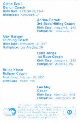 1992 Kansas City Royals Police #NNO Coaches: Glenn Ezell / Adrian Garrett / Guy Hansen / Lynn Jones / Bruce Kison / Lee May Back