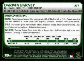 2011 Bowman Chrome #207 Darwin Barney Back