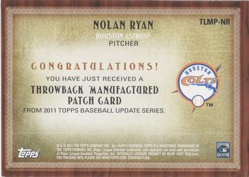 2011 Topps Update - Throwback Logo Manufactured Patch #TLMP-NR Nolan Ryan Back