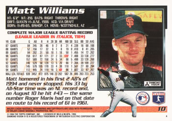 1995 Topps #10 Matt Williams Back