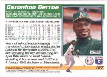 1995 Topps #187 Geronimo Berroa Back