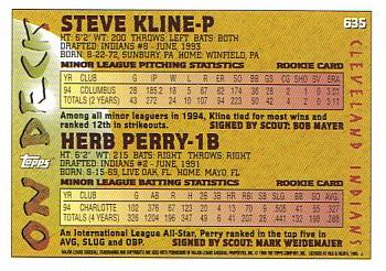 1995 Topps #635 Steve Kline / Herb Perry Back