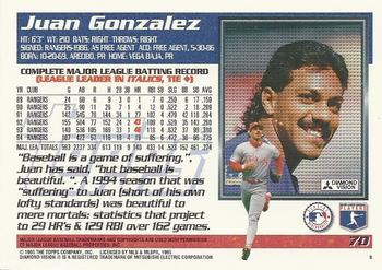 1995 Topps #70 Juan Gonzalez Back