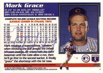 1995 Topps #90 Mark Grace Back