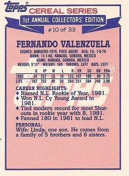 1984 Topps Cereal Series #10 Fernando Valenzuela Back