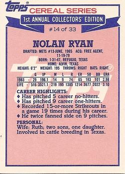 1984 Topps Cereal Series #14 Nolan Ryan Back