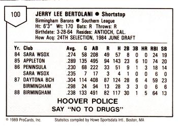1989 ProCards Minor League Team Sets #100 Jerry Bertolani Back
