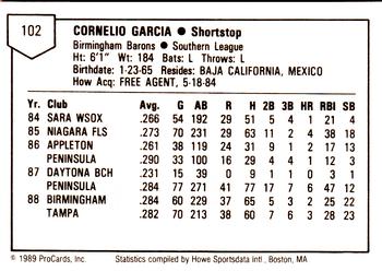 1989 ProCards Minor League Team Sets #102 Cornelio Garcia Back