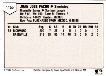 1989 ProCards Minor League Team Sets #1155 Juan Pacho Back