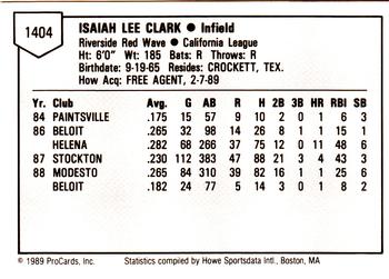 1989 ProCards Minor League Team Sets #1404 Isaiah Clark Back