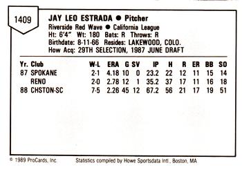 1989 ProCards Minor League Team Sets #1409 Jay Estrada Back