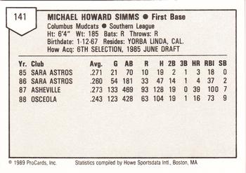 1989 ProCards Minor League Team Sets #141 Mike Simms Back