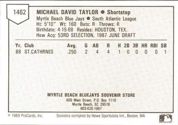 1989 ProCards Minor League Team Sets #1462 Mike Taylor Back