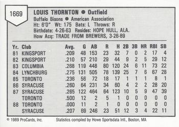 1989 ProCards Minor League Team Sets #1669 Lou Thornton Back