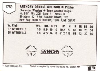 1989 ProCards Minor League Team Sets #1763 Tony Whitson Back