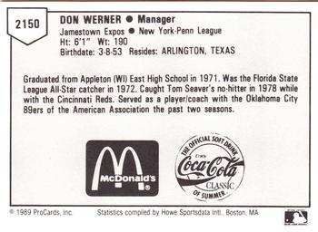 1989 ProCards Minor League Team Sets #2150 Don Werner Back