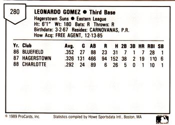 1989 ProCards Minor League Team Sets #280 Leo Gomez Back