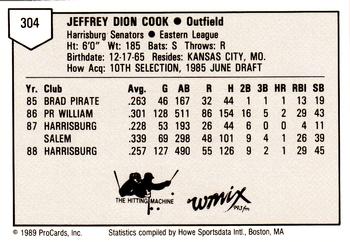 1989 ProCards Minor League Team Sets #304 Jeff Cook Back
