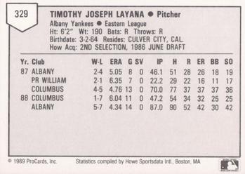 1989 ProCards Minor League Team Sets #329 Tim Layana Back