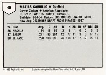 1989 ProCards Minor League Team Sets #49 Matias Carrillo Back