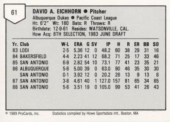 1989 ProCards Minor League Team Sets #61 Dave Eichhorn Back
