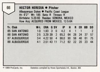 1989 ProCards Minor League Team Sets #66 Hector Heredia Back