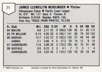 1989 ProCards Minor League Team Sets #71 Jim Neidlinger Back