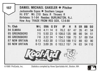 1989 ProCards Minor League Team Sets #157 Dan Gakeler Back