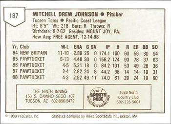 1989 ProCards Minor League Team Sets #187 Mitch Johnson Back
