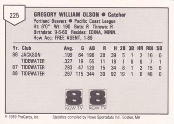 1989 ProCards Minor League Team Sets #225 Greg Olson Back