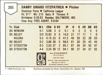 1989 ProCards Minor League Team Sets #395 Dan Fitzpatrick Back