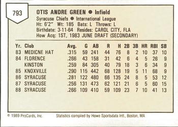 1989 ProCards Minor League Team Sets #793 Otis Green Back