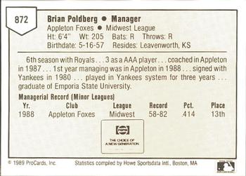 1989 ProCards Minor League Team Sets #872 Brian Poldberg Back
