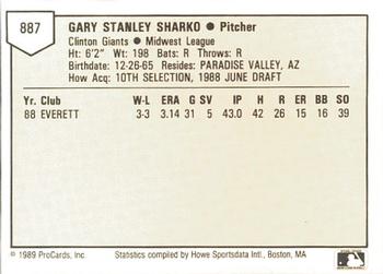 1989 ProCards Minor League Team Sets #887 Gary Sharko Back