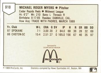1989 ProCards Minor League Team Sets #918 Mike Myers Back