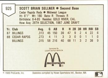 1989 ProCards Minor League Team Sets #925 Scott Sellner Back