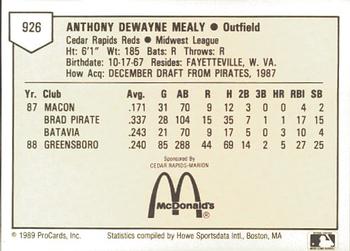 1989 ProCards Minor League Team Sets #926 Tony Mealy Back
